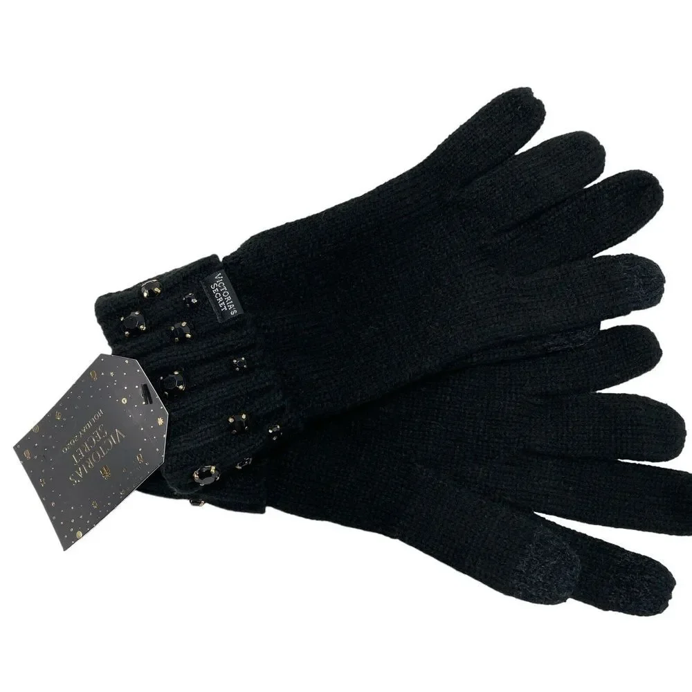 Victoria Secret Gloves Mittens Black Bling Gem Sparkle Knit Soft Glam Winter NWT
